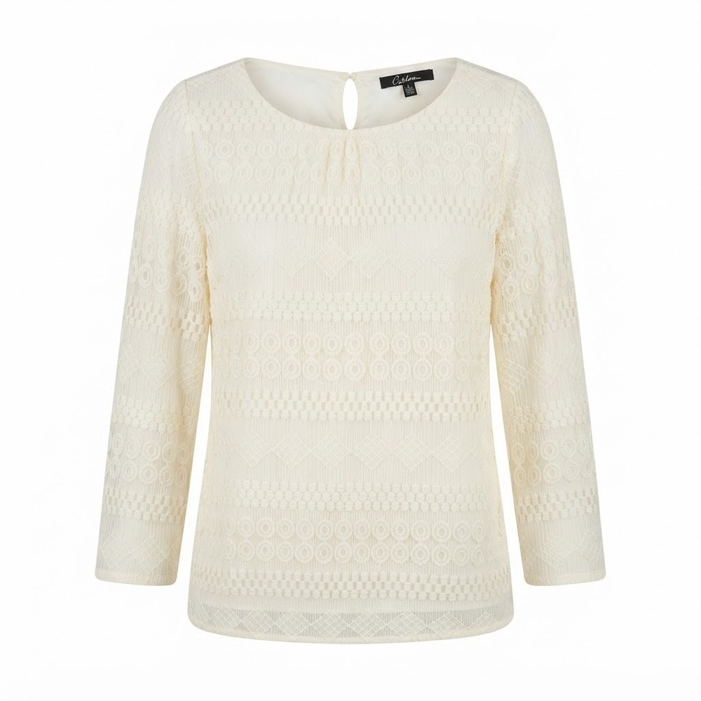 Calessa Ivory Lace Overlay Blouse XL‎ 3/4 Sleeve Geometric Medallion - IW